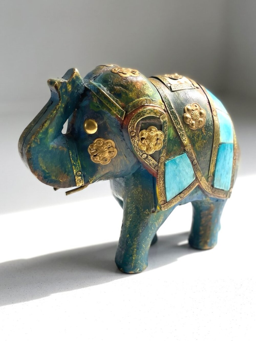 Vintage Indian Carved Wood Elephant Brass Copper Bovine Bone Inlay 4.5”